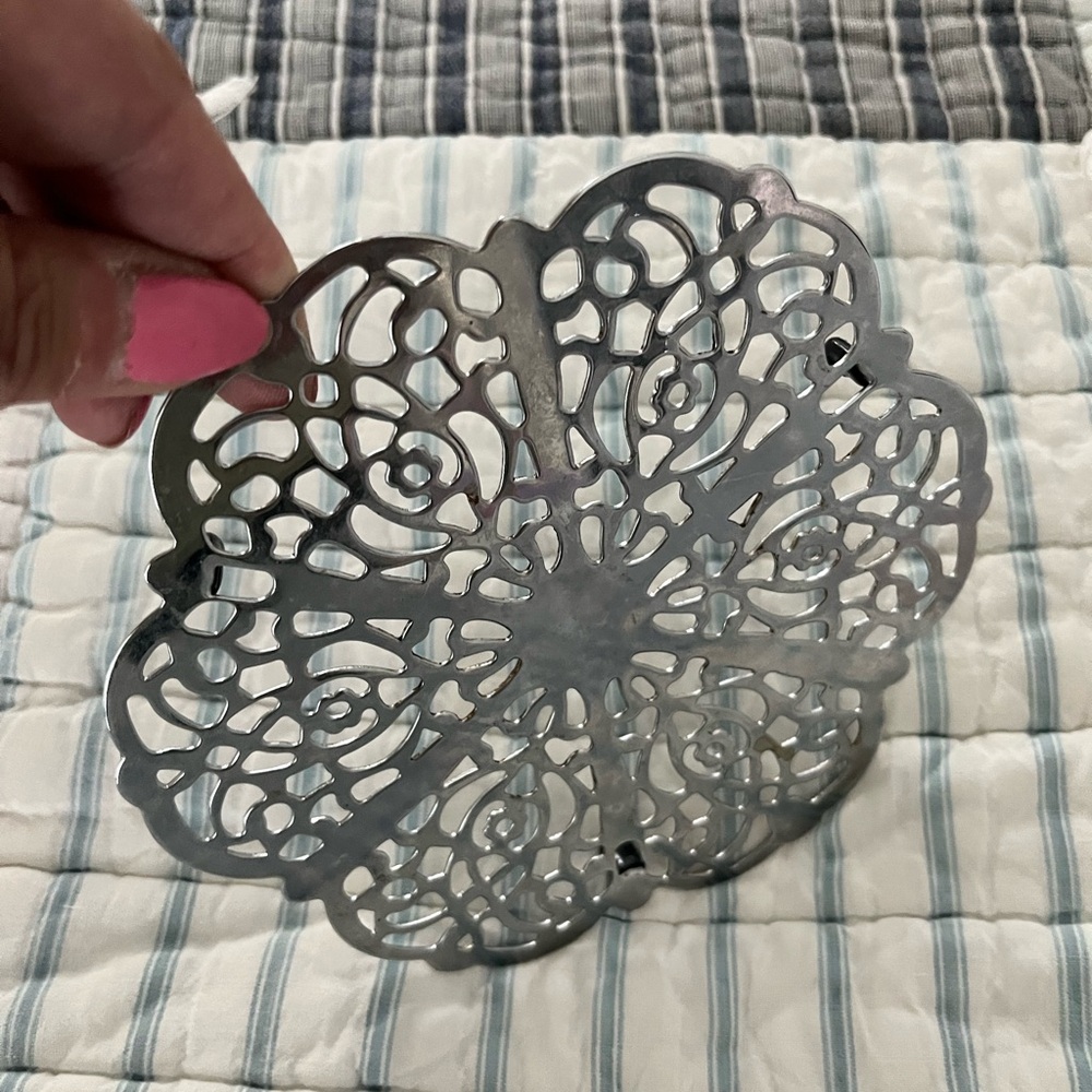 Two Mid-Century Scrollwork Hot Plate Trivets Ornate Silver Retro Filigree Floral